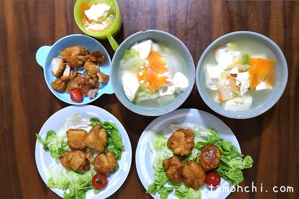 お試しメニューの一例(唐揚げ、野菜スープ)